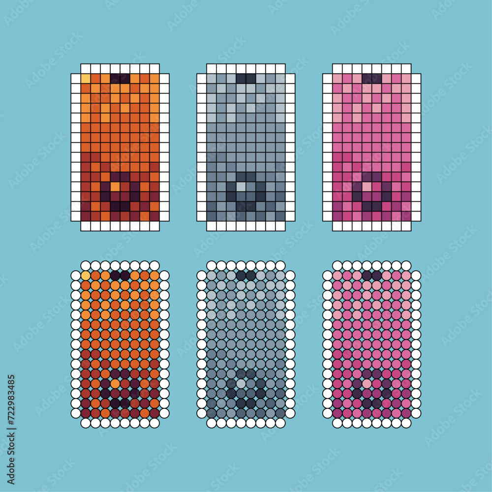 Poster pixel art stroke sets icon of phone variation color. handphone icon on pixelated style. 8bits perfec