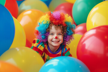 Fototapeta na wymiar April fools' day concept - child in clown costume looks through colorful balloons