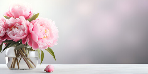 Beautiful fresh peony flowers bouquet in a transparent glass vase on a white background