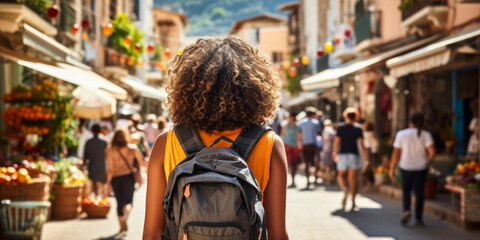 Rear view of a young tourist with curly hair and backpack wandering through a bustling Mediterranean market street lined with fruit stands - obrazy, fototapety, plakaty