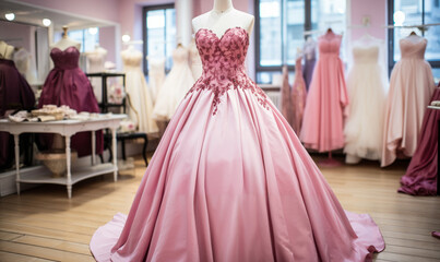 Elegant pink strapless ball gown on mannequin in a bridal boutique with various wedding dresses in the background, romantic bridal fashion and shopping experience