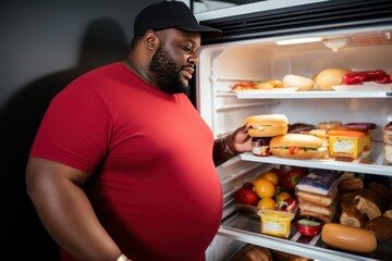 african american man looking at fridge with hamburger and sandwich. Overweight. Overeating Concept. Obesity Concept with Copy Space.