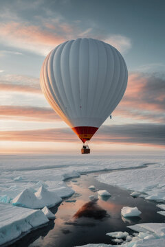 colorful hot air balloon flying over an expanse of snow, water and ice at sunset
