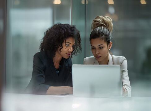 Two women sitting together and focusing on a laptop computer screen, engaged in digital work or collaboration.