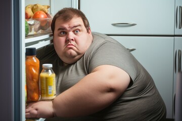 Funny fat man looking for food in the refrigerator at home . Overweight. Overeating Concept. Obesity Concept with Copy Space.