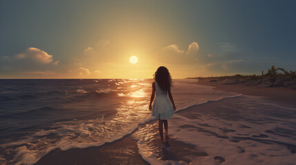 Silhouette of a Woman Enjoying a Serene Sunset Walk on the Beach