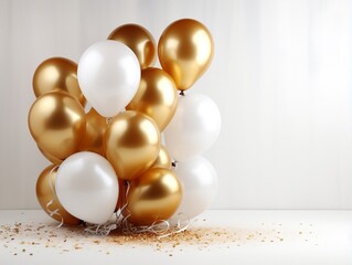 Fototapeta na wymiar Golden balloons on a white background with blank text space