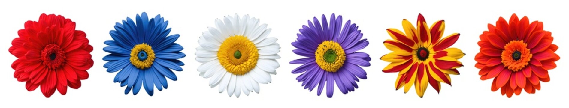 Beautiful many coloured blooming daisy or chamomile flowers set isolated on transparent background. Generative AI	