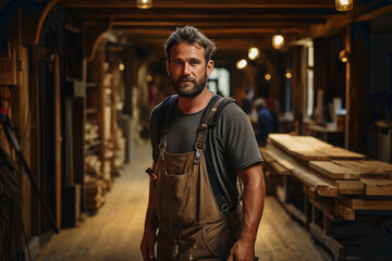 Fototapeta premium A carpenter in his workshop looking at the camera. Copy space.