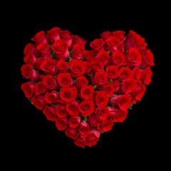 heart made up of red roses on a black background. Love and lovers concept