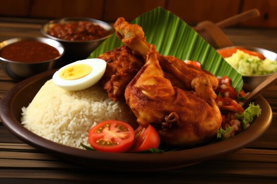 Fried chicken pecel is a traditional Indonesian food menu with white rice, served on an earthenware plate with a base of taro leaves. Fresh vegetables with chili tomato slices and boiled eggs.