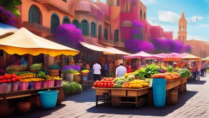 A bustling marketplace alive with the vibrant colors. - obrazy, fototapety, plakaty