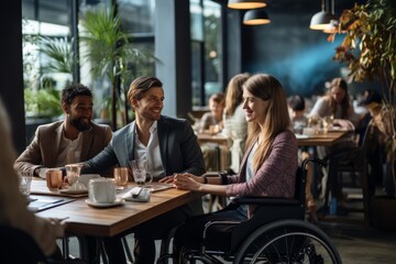 disabled people having meeting with wheelchairs, sitting around table and using laptops