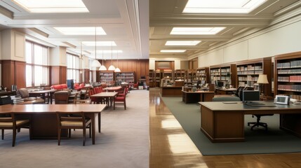 Two pictures of different office room interiors, classic warm models with wooden furniture and tables.