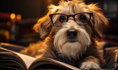 Dog with glasses sitting reading a book