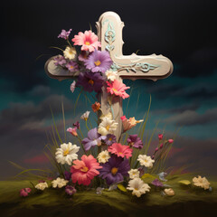 A jesus cross that consists of colorful flowers	
