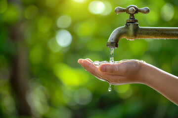 Child's hand receives the tap water but it flows weakly, on a green forest background, water resource for the future