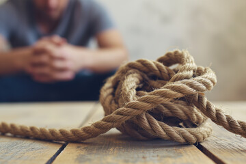 A big tangled jute rope on the table with a worried man sitting on background, facing a confused and difficult problem, the psychotherapy concept - obrazy, fototapety, plakaty