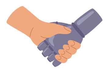 Handshake sign. Human and robot shake hands. Collaboration between humans and robots. Modern technological possibilities. Business agreement hand gesture. Vector illustration in hand drawn style