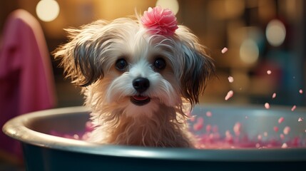 A cute pet enjoying a grooming session at home.