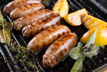 meat and sausages, raw, cooking and cooked