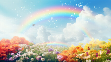 Fototapeta na wymiar landscape with rainbow and clouds
