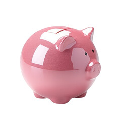 Pink porcelain piggy bank with glitter isolated on a cutout PNG transparent background. Concept of saving money