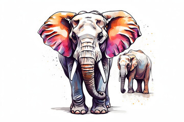 Front view of isolated colorful elephants illustration on white background