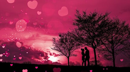 romantic pink valentine's day wallpaper background,romantic couple silhouette,valentine's day concept