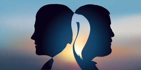 Concept de la vie de couple avec le profil d’un homme et d’une femme qui symbolise à la fois, l’union et les différences.
