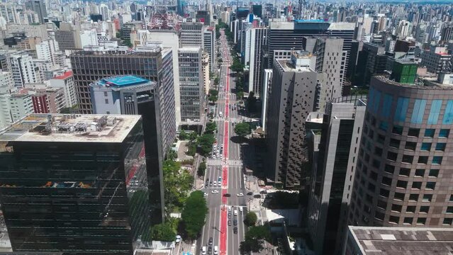 Aerial view of Avenida Paulista (Paulista Avenue) in Sao Paulo city, Brazil. Cinematic 4K
