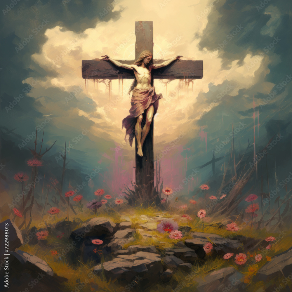 Wall mural A jesus cross that with of colorful flowers with blue sky and clouds. Postcard	