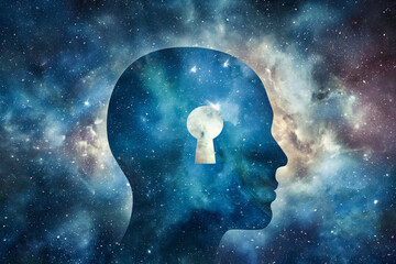 Silhouette of Head with Keyhole Amidst Stars - Psychotherapy and Self-Knowledge Abstract Concept. Exploring the Mind's Cosmos - obrazy, fototapety, plakaty