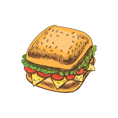 Hand-drawn colored vector sketch of a piece of sandwich with vegetables, cheese, meat. Doodle vintage illustration. Decorations for the menu of cafes and labels. Engraved image.