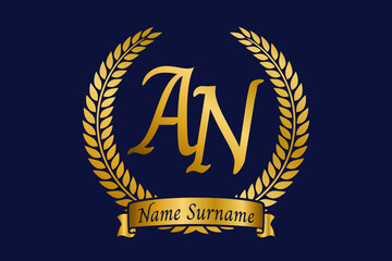 Initial letter A and N, AN monogram logo design with laurel wreath. Luxury golden calligraphy font.