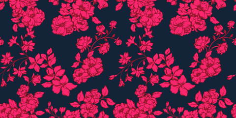 Obraz premium Beautiful stylized branches floral pattern. Bright red artistic abstract silhouettes wild flowers with gently tiny leaf, buds on a dark background. Vector drawn illustration. Template for design