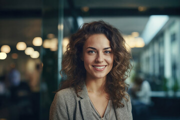 Obraz premium Beautiful lady in casual clothing smiling in the city office smiling happily and confidently