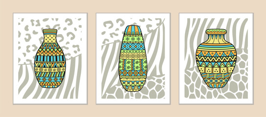Ceramic vases, clay pots with various geometric ornaments on a grey and white background of mottled animal texture. Bright African inspired jugs. Vector set of ethnic illustrations for wall decoration - obrazy, fototapety, plakaty