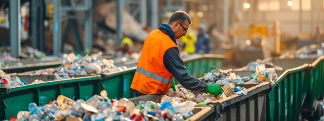 Focused worker in a reflective vest sorting recyclable materials on a conveyor belt in a waste management facility.
 - obrazy, fototapety, plakaty