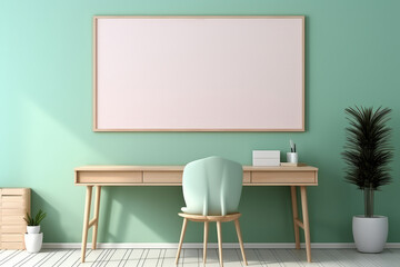 Minimalist styled workspace with empty picture frame on teal wall. Mockup.