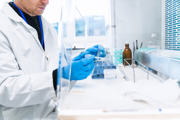 Unrecognizable clinical lab expert uses a pipette with precision in a test tube rack for scientific analysis in a hospital laboratory.