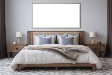 Mockup of an empty frame on the wall above the bed in modern bedroom design with luxury linens and wooden nightstands.