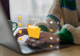 Human use laptop with online cloud document file management, information, system, DMS, online documentation database, manage files, enterprise with ERP.search and manage document business technology. © JOURNEY STUDIO7