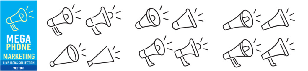 Megaphone Marketing Loudspeaker Volume Sound Advertising Announcement editable stroke linear icon collection vector illustration © yukipon00