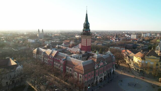 Landmark in Subotica. Drone shot in golden hour
