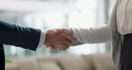 Business people, trust and handshake for deal, agreement and partnership negotiation in office. Shaking hands closeup, contract or recruitment, hiring offer and collaboration of consultant in meeting