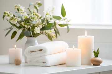 Fototapeta na wymiar Relaxing spa care with a white towel, candle, and nature's beauty: Aromatherapy Bath