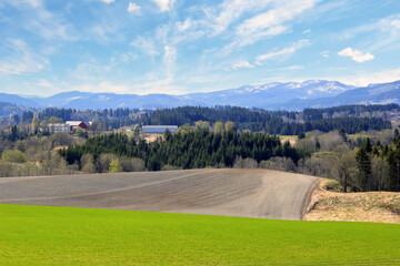 Agricultural area Bratsberg in the spring, Norway - obrazy, fototapety, plakaty
