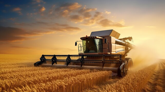 Combine Harvest In Golden Wheat Field With Sunrise background