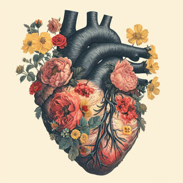 Vintage Rose Love: Anatomical Heart Illustration in Floral Tattoo Art Style on Dark Botanical Background